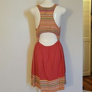 Boho style red linen dress with multi color detail